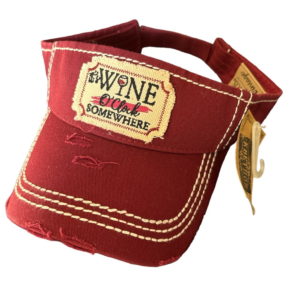 KBETHOS NWT It’s Wine O’Clock Somewhere Distressed SunVisor Hat - Burgandy Color